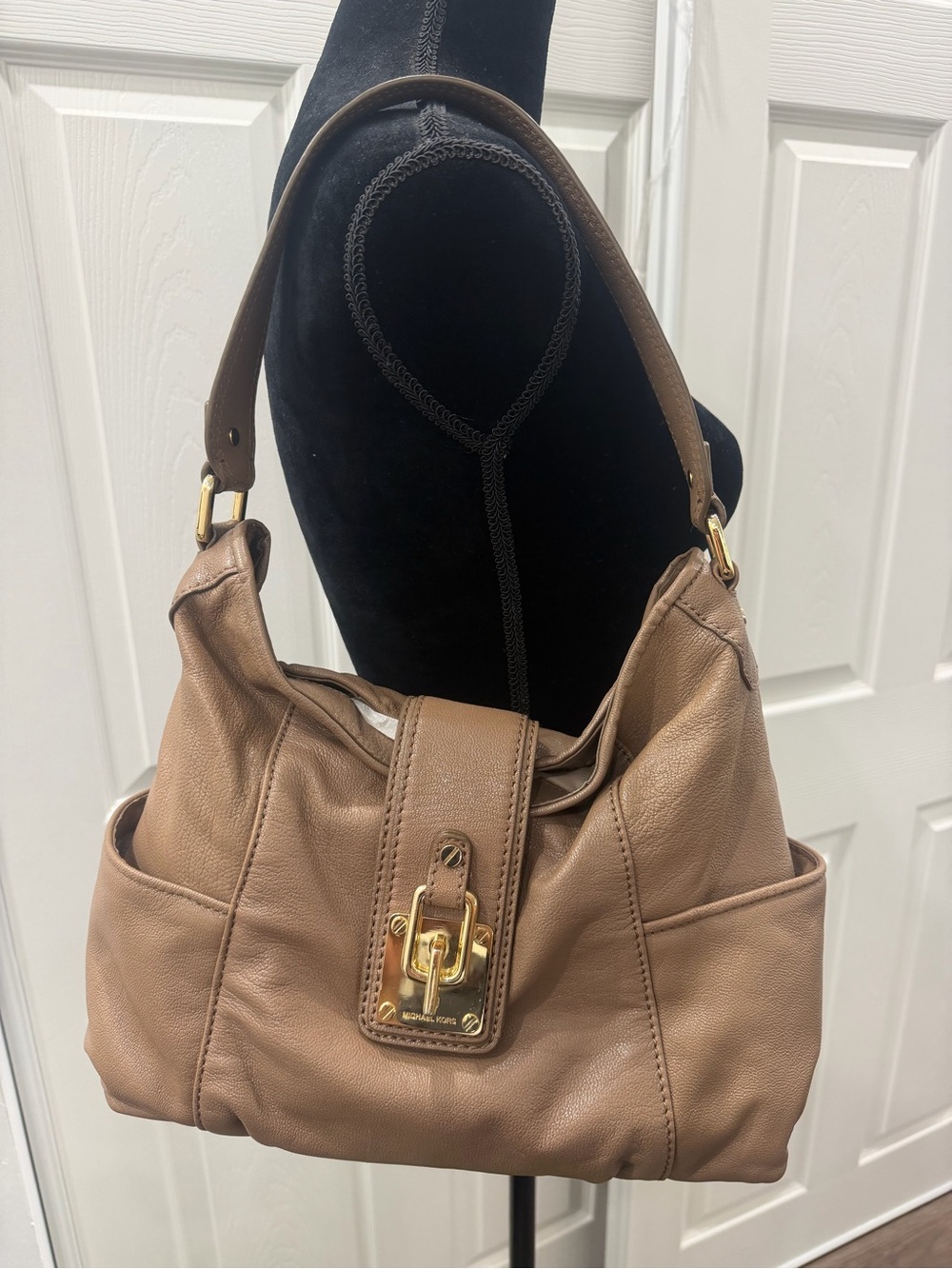 Michael Kors Taupe Leather Shoulder Hobo with Gold Hardware